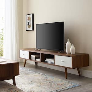 Transmit 70 in. Walnut and White Wood TV Stand with 2 Drawer Fits TVs Up to 70 in. with Cable Management