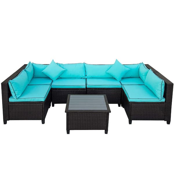 Tunearary Wicker Brown Patio Outdoor Sectional Set with Wood Panel Coffee Table with Blue Cushions