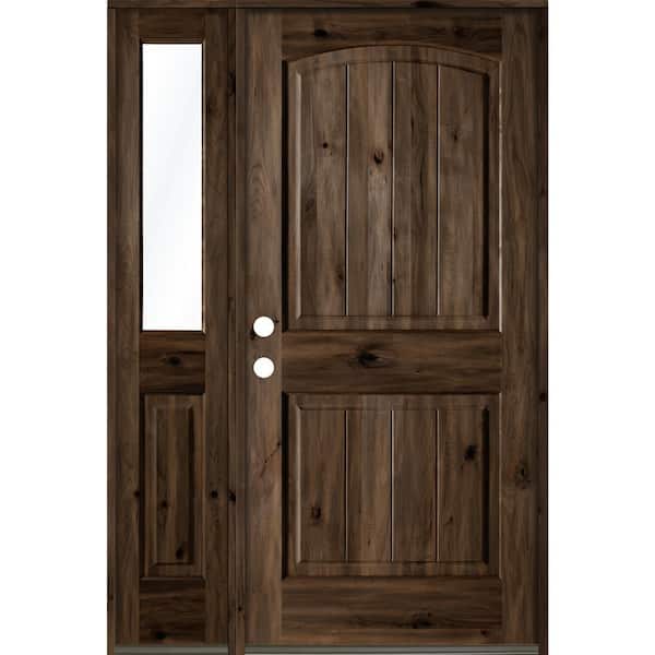 44 in. x 80 in. Rustic Knotty Alder 2-Panel Sidelite Right-Hand/Inswing Clear Glass Black Stain Wood Prehung Front Door