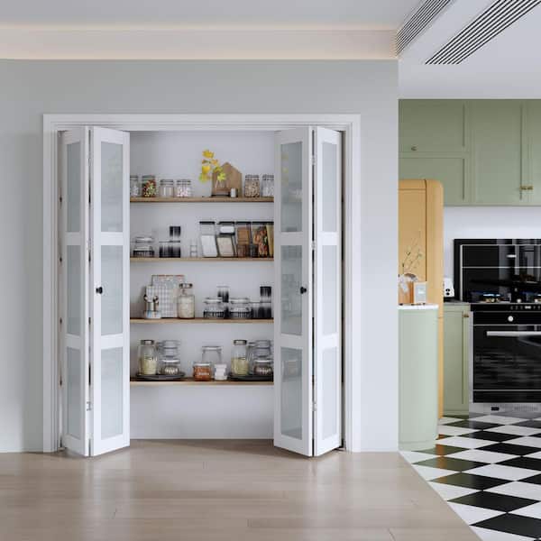 64 in. x 80 in. 3-Lite Frosted Glass Finished White Solid MDF Bi-Fold Door with Hardware Kit