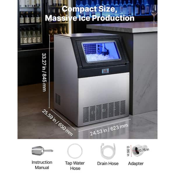 Commercial Ice Maker 265 lbs./24H 85 lbs. Storage Capacity 24.53 in. Full Size Cubes Stainless Steel Freestanding Sliver