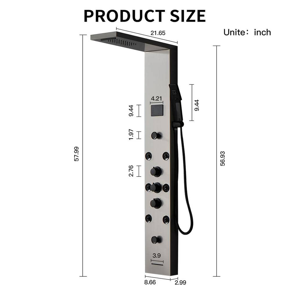 Brushed Nickel 8-Spray Rain Shower Panel System with Handheld Wand