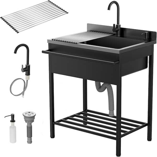 30.8 in. D x 22 in. W Freestanding Laundry/Utility Sink in Black Faucet and Draining Rack