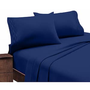 Home Sweet Home Extra Soft Deep Pocket Embroidered Luxury Bed Sheet Set - California King, Navy