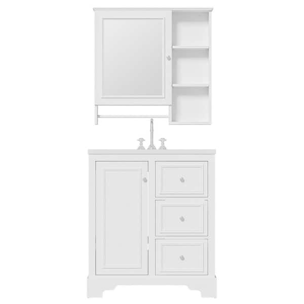 30 in. W Freestanding Bath Vanity in White with White ceramic basin Top,3 drawers, adjustable shelves and Mirror cabinet