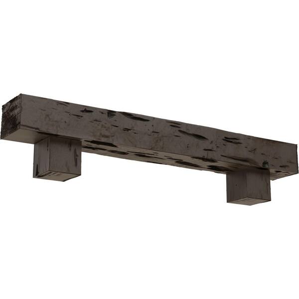 Ekena Millwork 8 in. x 12 in. x 6 ft. Pecky Cypress Faux Wood Fireplace Mantel Kit with Alamo Corbels, Natural Honey Dew