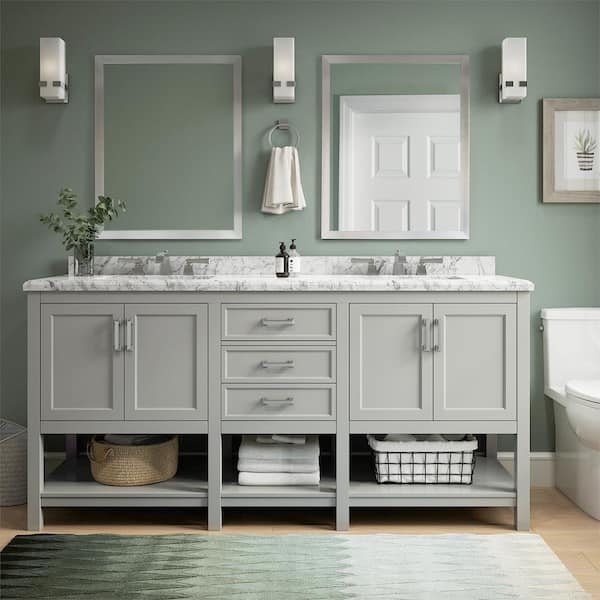 Home Decorators Collection Everett 72 in. W x 22 in. D x 36 in. H Double Sink Freestanding Bath Vanity in Gray with Carrara Marble Top