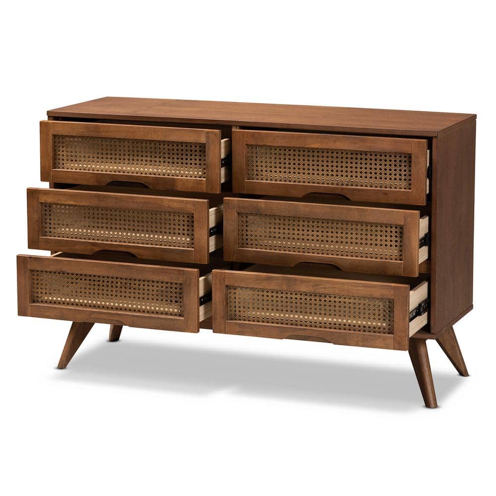 Walnut Brown Mid-Century Modern 6-Drawer Dresser with Rattan