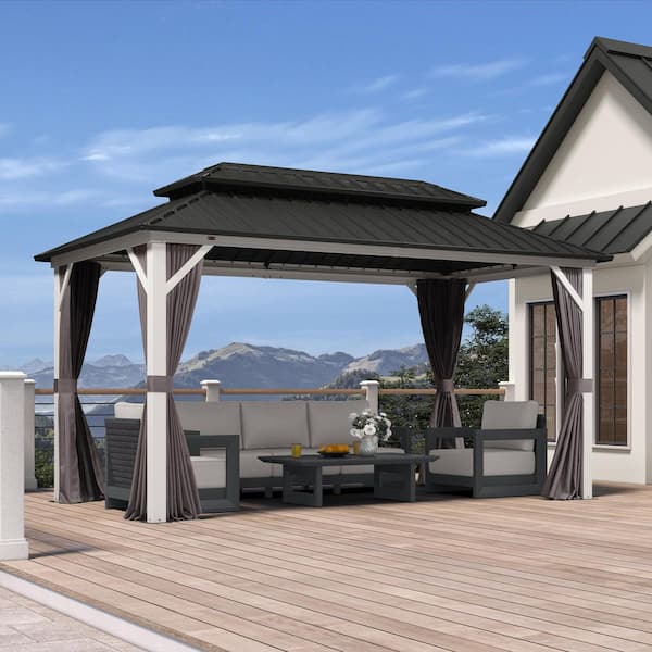 8 ft. x 14 ft. White Aluminum Hardtop Gazebo Canopy with Galvanized Steel Double Roof, Curtains and Netting