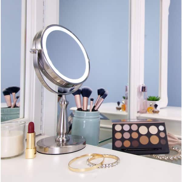 Zadro 7.75 in. x 12.5 in LED Freestanding Bi-View 8X/1X Magnification Cordless Vanity Beauty Makeup Mirror in Satin Nickel