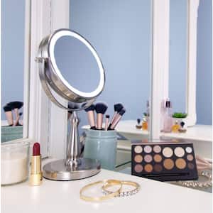 7.75 in. x 12.5 in LED Freestanding Bi-View 8X/1X Magnification Cordless Vanity Beauty Makeup Mirror in Satin Nickel