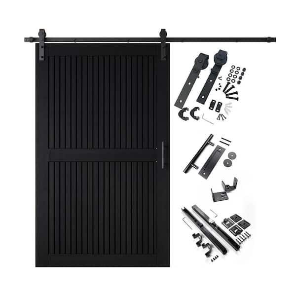 ST 50 in. x 84 in. C-Panel Black Vertical Stripe Design Solid Pine Wood Sliding Barn Door with Hardware Kit