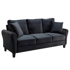 Modern American Style 78 in. W Flared Arm Velvet Couch Rectangle Straight Reclining Sofa with Pillow in Black