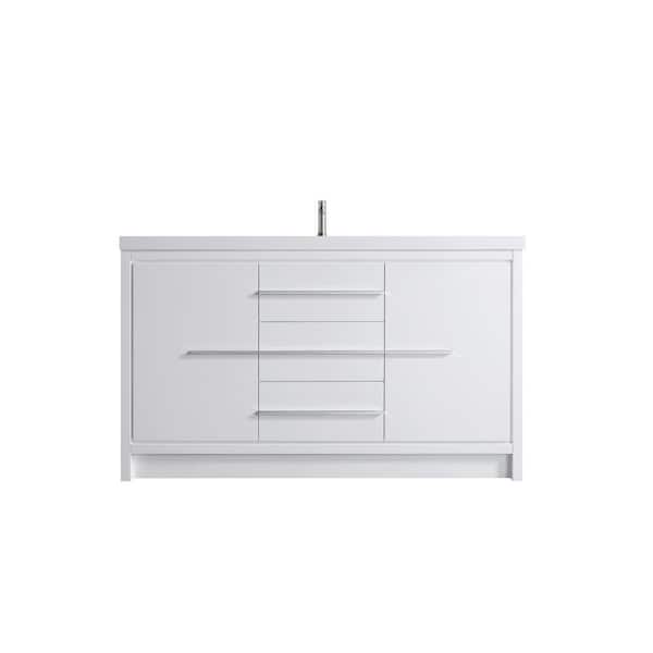 Hood-2S 60.00 in. W x 19.70 in. D x 35.00 in. H Freestanding Bath Vanity in White Wood with White Solid Surface Top