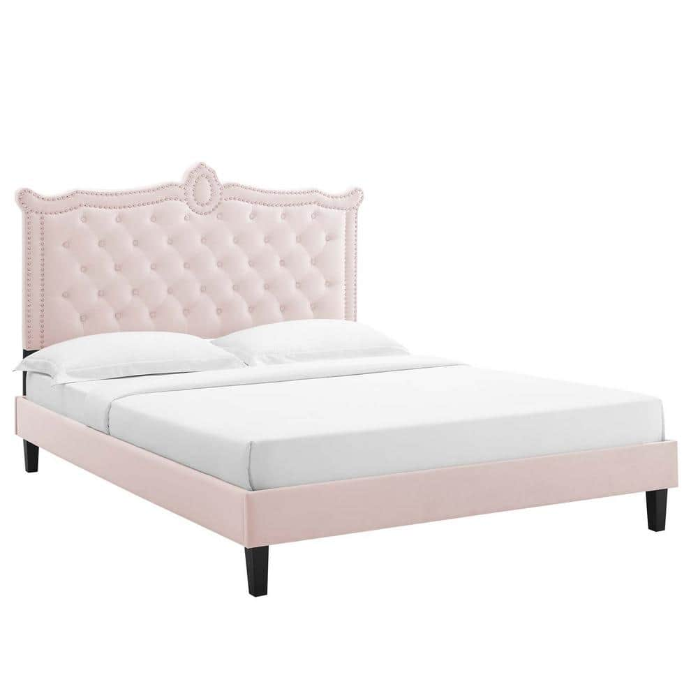 MODWAY Pink Wood Frame Clara Performance Velvet Queen Platform Bed With ...