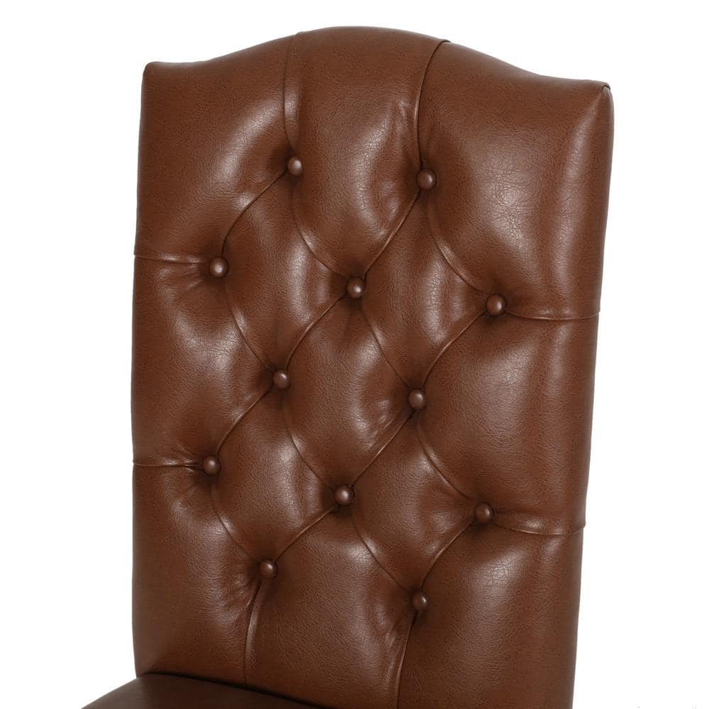 Set of 2 Cognac Brown Faux Leather High-Back Wood Dining Chairs