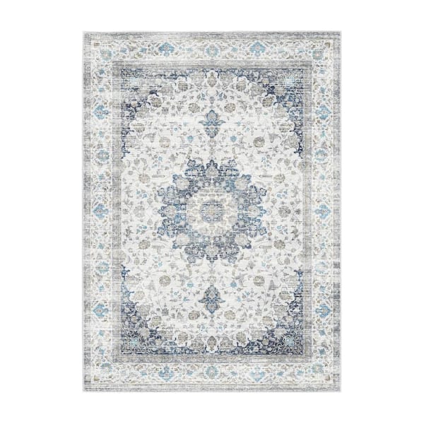 Vespera Medallion Silver 5 ft. x 7 ft. Traditional Machine Washable Non-Slip Area Rug