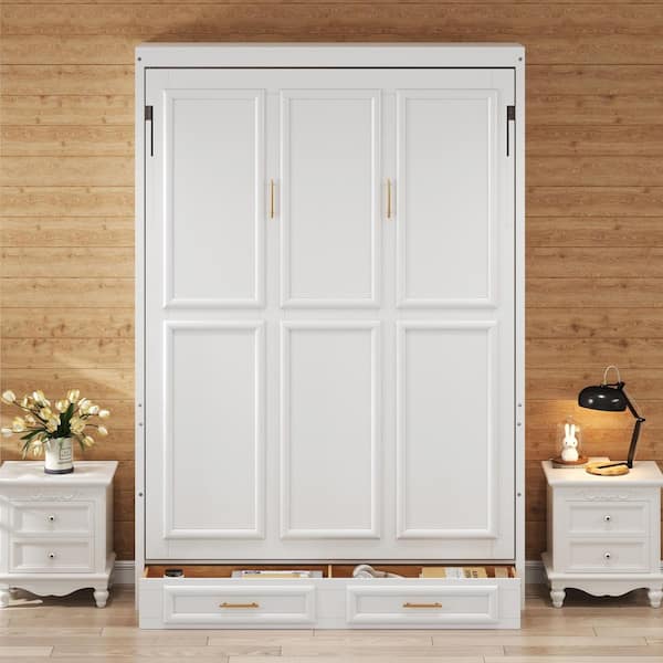 Beige Wood Frame Full Size Murphy Bed with 2-Drawers