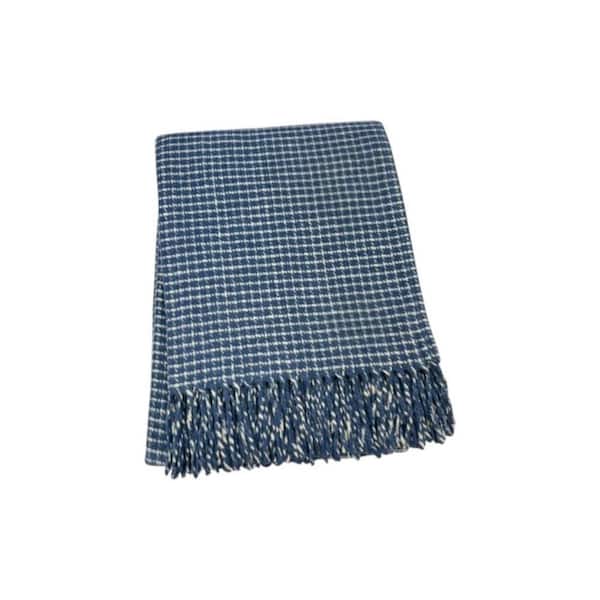Denim Blue, Cream Plaid Cotton Blend Throw Blanket