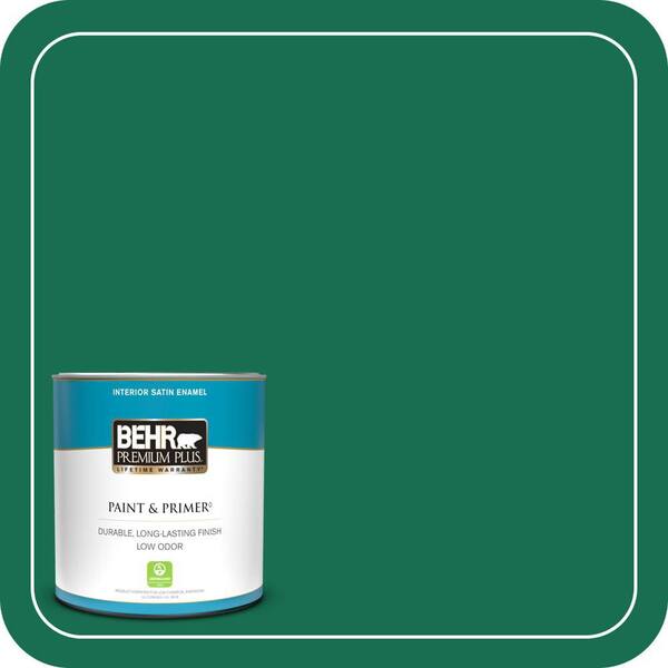 BEHR PREMIUM PLUS 1 qt. #S-H-470 Precious Emerald Satin Enamel Low Odor Interior Paint & Primer