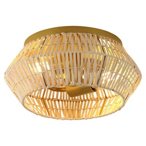 11.81 in. 2-Light Gold Farmhouse Woven Rattan Flush Mount Ceiling Light, No Bulbs Included