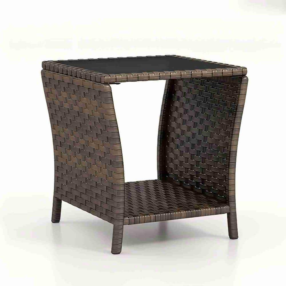 Light Brown Square Wicker Outdoor Side Table with Tempered Glass Tabletop