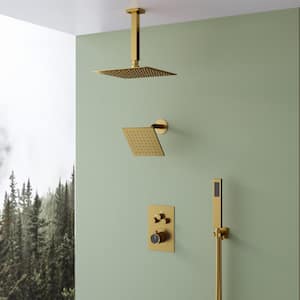 7-Spray Patterns Thermostatic 12 in., 6 in. Ceiling Mount Fixed and Handheld Shower Head in Brushed Gold