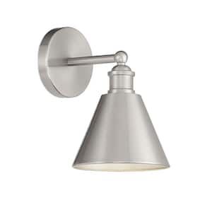 1-Light Brushed Nickel Wall Sconce with a Matching Brushed Nickel Metal Shade