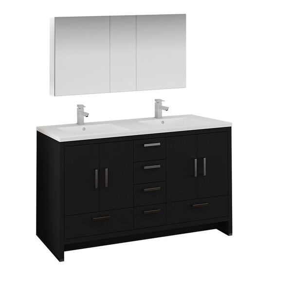 Fresca Imperia 60 in. Bathroom Double Vanity in Dark Gray Oak with Vanity Top in White with White Basins and Medicine Cabinet