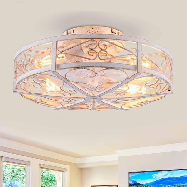 Thalovis 20 in. 4-Light Indoor Retro White Flush Mount Low Profile Caged Ceiling Fan with Light Fixture with Remote