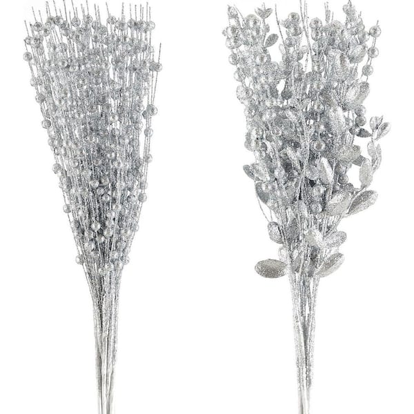 24-Pack 17 in. ChristmasTree Picks Ornaments Silver Artificial Glitter Berry Stem