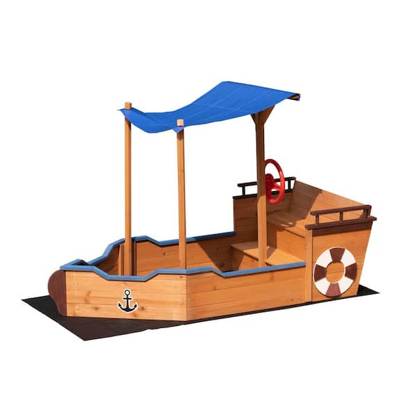 5 ft. x 2 ft. Pirate Ship Wooden Sandbox with Cover and Rudder with Storage Bench and Seat, Outdoor Toy for 3-8 Years