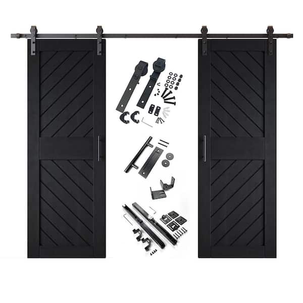 XT3 26 in. x 84 in. C-Panel Black Slanted Stripe Design Double Pine Wood Sliding Barn Door with Hardware Kit