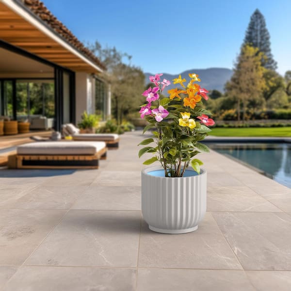 14 in. Medium Light Crisp White(Enhanced Interior) Concrete Round Planter / Pot with Drainage Holes