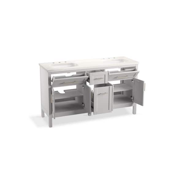 KOHLER Hadron 60.75in. Double Sink Freestanding Atmos Grey Bath Vanity with White Quartz Top Assembled