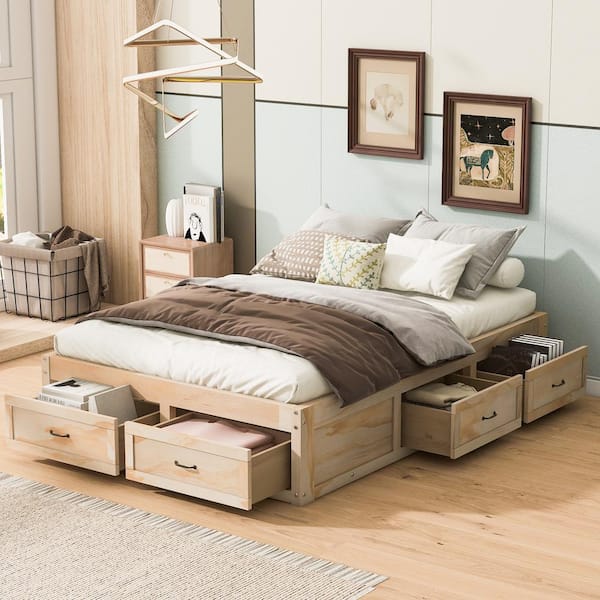 Harper & Bright Designs Antique Natural (Yellow) Wood Frame Full Size Retro Platform Bed with 6 Storage Drawers