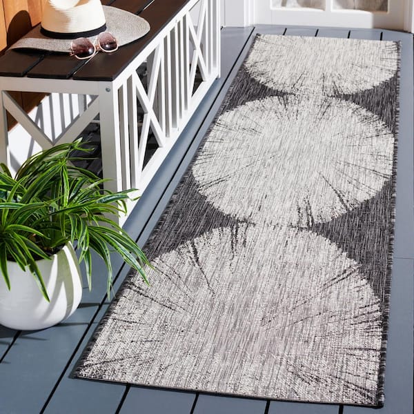 Courtyard Gray/Black 2 ft. x 8 ft. Runner Floral Abstract Indoor/Outdoor Area Rug