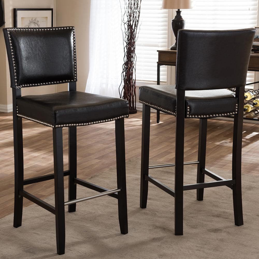 Set of 2 Dark Brown Faux Leather Bar Stools with Nail Head Trim