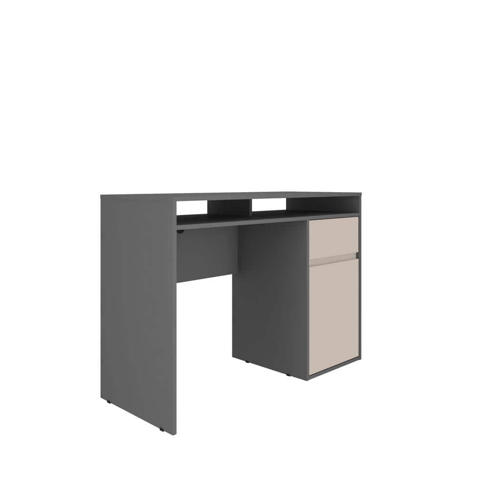 Gray Corner Wood Desk with Drawer and Shelves