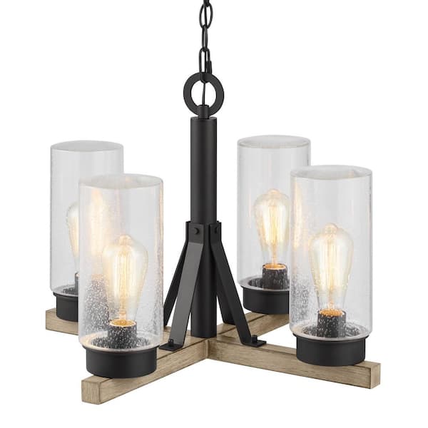 Hampton Bay Collier 4-Light Matte Black Outdoor Chandelier with Clear Seeded Glass Shade