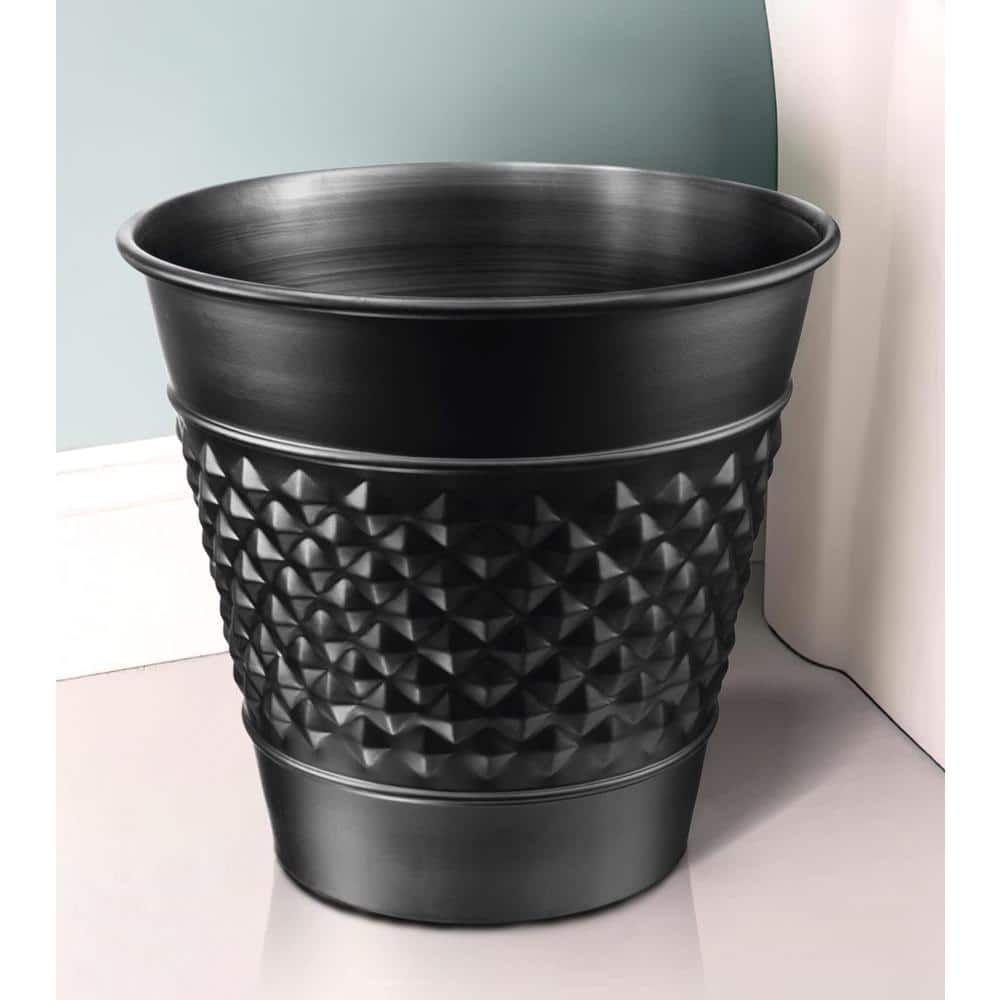 Matte Black Geometric Embossed Metal Bathroom Trash Can