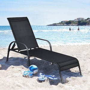 Black Metal Outdoor Chaise Lounge Chair Adjustable Reclining Bed with Backrest and Armrest