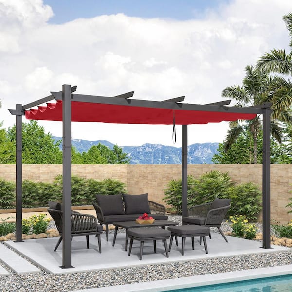 PURPLE LEAF 10 ft. W x 13 ft. D Outdoor Gray Aluminum Pergola with Red Adjustable Fade-Resistant Sun Shelter Canopy for Backyard