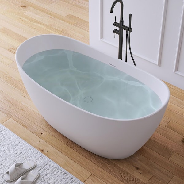 Cyrena 55 in. x 27.5 in. Stone Resin Solid Surface Flatbottom Freestanding Soaking Bathtub in White