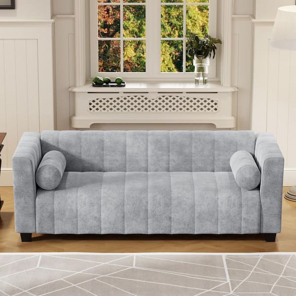78.7 Square Arm Chenille Rectangle Sofa in. Light Gray