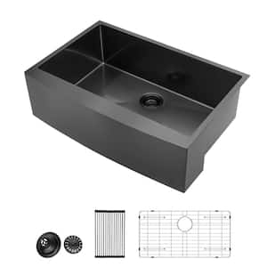 30 in. Farmhouse Apron Front Single Bowl 16-Gauge Gunmetal Black Stainless Steel Kitchen Sink with Bottom Grids