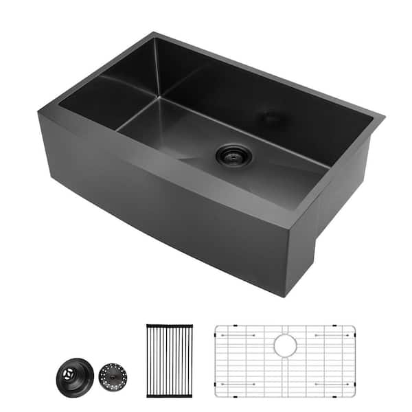 27 in. Farmhouse Apron Front Single Bowl 16-Gauge Gunmetal Black Stainless Steel Kitchen Sink with Bottom Grids