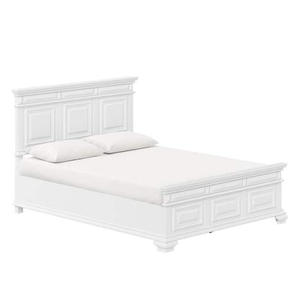 White Farmhouse Solid Wood Frame Queen size Platform Bed with Slat, Tall Headboard, and Footboard