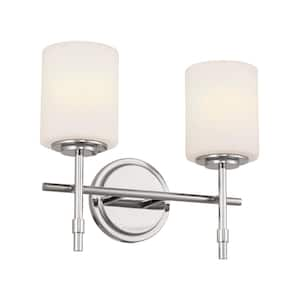 Ali 14 in. 2-Light Polished Nickel Traditional Bathroom Vanity Light with Satin Etched Case Opal Glass Shades