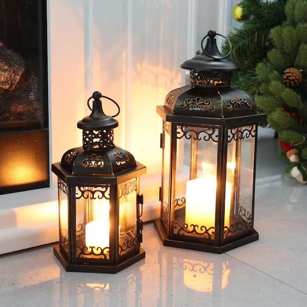 MOEPISY 15 in. and 11 in. H Bronze Metal Large Lantern Candle